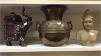 Elephant box, brass handled vase, sandstone woman