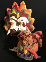 Lot of 2 decorative plush thanksgiving turkeys