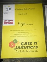 $50 gift cert for Catz n Jammers,