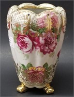 Superb 3 Footed Hand-Painted Gold & Floral Vase