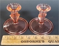 Pair of Pink Depression Glass Candlesticks