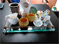 Vintage glass & brass vanity tray with goodies