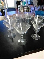 Vintage etched glass martini shaker & glasses