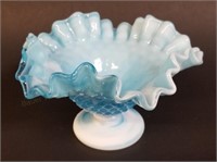 6" Blue & White Slag Glass Hobnail Dish