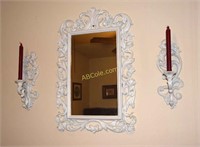 Framed mirror, 2 candle wall sconces, various