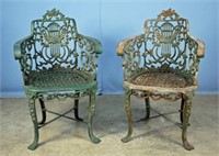 Pair Early 20th C. Cast Iron Garden Arm Chairs
