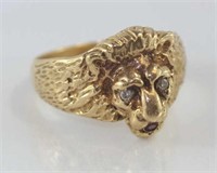 9ct gold, lion ring with diamond eyes