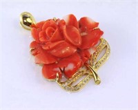 18ct gold, diamond and carved coral rose pendant