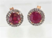 10ct rose gold, ruby and diamond studs