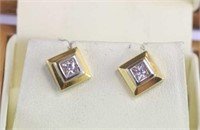 Boxed 18ct two tone gold and diamond studs