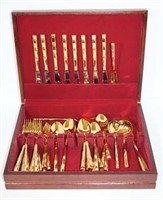 Gold Toned Flatware Set in Wooden Box
