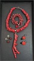Red Coral & Cinnabar Jewelry (lot of 4)