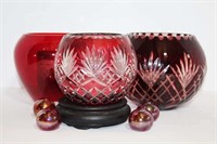 Ruby Cut to Clear Rose Bowls and Vase