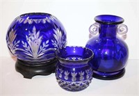 Cobalt Cut to Clear Rose Bowl and Candle Holder