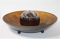 Metal Bowl with Art Glass Globe in Center