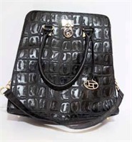 Black Faux Alligator Leather Shoulder Bag