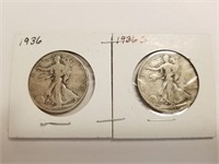 1936, 1936S 2PC WALKING LIBERTY SILVER HALF DOLLAS