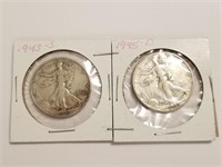 1943S 1945D 2PC WALKING LIBERTY SILVER HALF DOLLAS