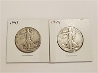 1943 1944 2PC WALKING LIBERTY SILVER HALF DOLLARS