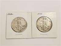 1942 1945 2PC WALKING LIBERTY SILVER HALF DOLLARS