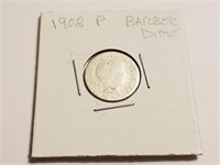 1908 BARBER SILVER DIME COIN