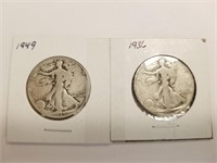 1949, 1936 2PC WALKING LIBERTY SILVER HALF DOLLARS