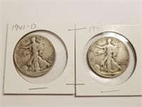 1941D 1943 2PC WALKING LIBERTY SILVER HALF DOLLARS