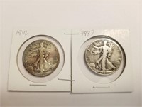 1946 1937 2PC WALKING LIBERTY SILVER HALF DOLLARS