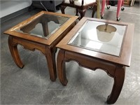 2PC WOOD END TABLE LOT W BEVELED GLASS