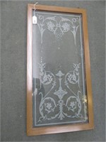 FRAMED AND ETCHED GLASS WINDOW 32.5"T X 16.5"W