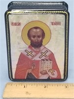 Russian lacquer box, 3.5" x 3",  with a Pope on it