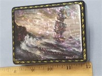 Russian lacquer box, signed, 3" x 3.5" has sailing