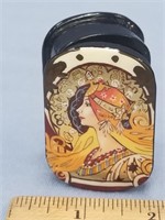 Russian lacquer box, signed, with art deco woman o