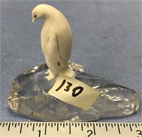 2" Carved antler penguin, on chunk of quartz cryst