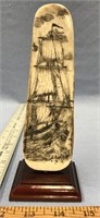 7" Tall scrimshawed ship on fossilized walrus ivor