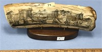 Mammoth ivory bark scrimshawed, 10.5" long with he