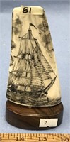 6" Scrimshawed mammoth ivory with sailing ship by