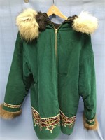 Parka, Green corduroy with embroidery, wolverine o