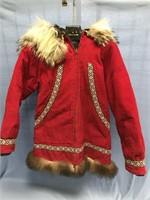 Corduroy Parka with wolverine and wolf trim, red,