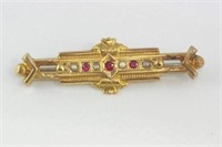 Antique 15ct yellow gold, garnet and pearl brooch