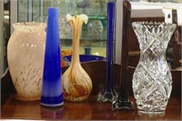Six large crystal & coloured glass vases