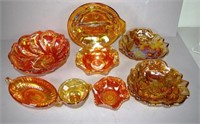 Eight carnival glass pieces