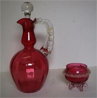 Antique cranberry glass decanter & jar