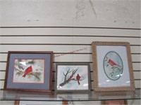 3 cardinal bird pictures: 1 is signed Fuller