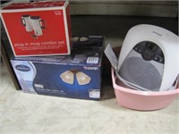 4 pcs: NIB Plug in Mug combo set, plastic bed pan,