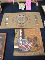 2 unframed sand paintings: 1 of pottery 13"x13"