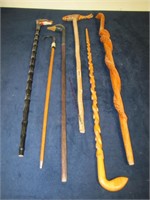 6 walking canes: 1 w/ dog head, duck head, fish,