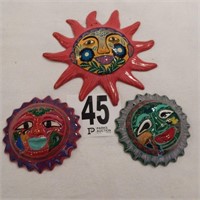 3 TERRACOTTA SUN FACES FROM MEXICO 10 IN, 5 IN