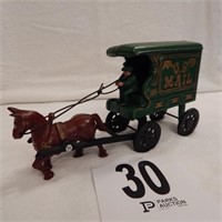 CAST IRON HORSE DRAWN MAIL WAGON  10 IN