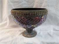 MOSAIC GLASS COMPOTE 7"T X 8"W